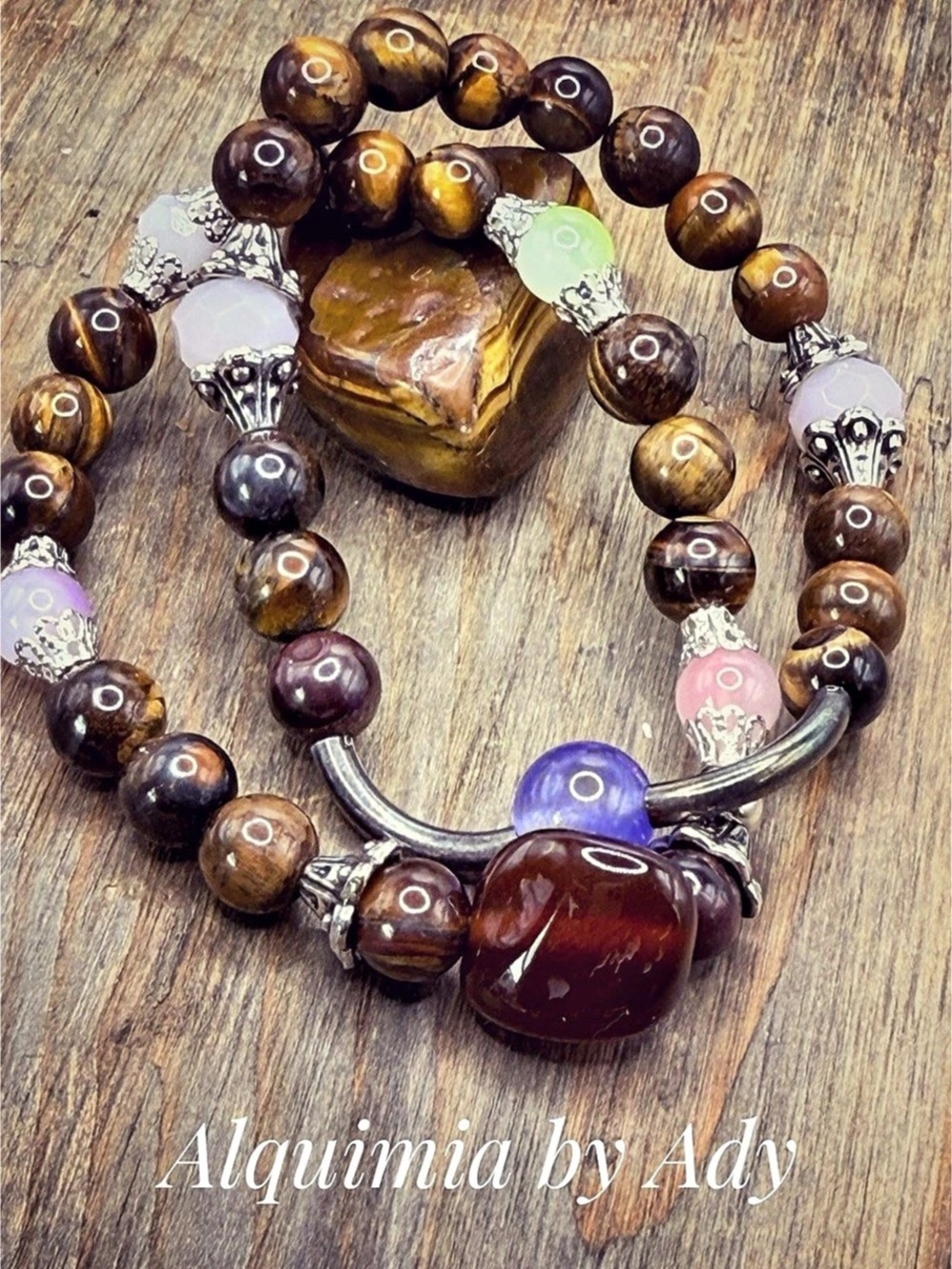 Statement Beaded bracelet in Brown & Purple jade + stack Tiger’s Eye
